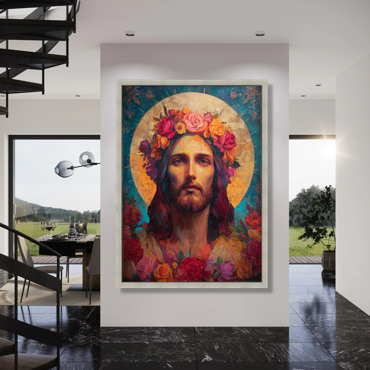Sacred Portrait with Floral Crown Canvas, Divine Figure Wall Art, Halo Art Print, Spiritual Home Decoration, Colorful Flower Art Print Art