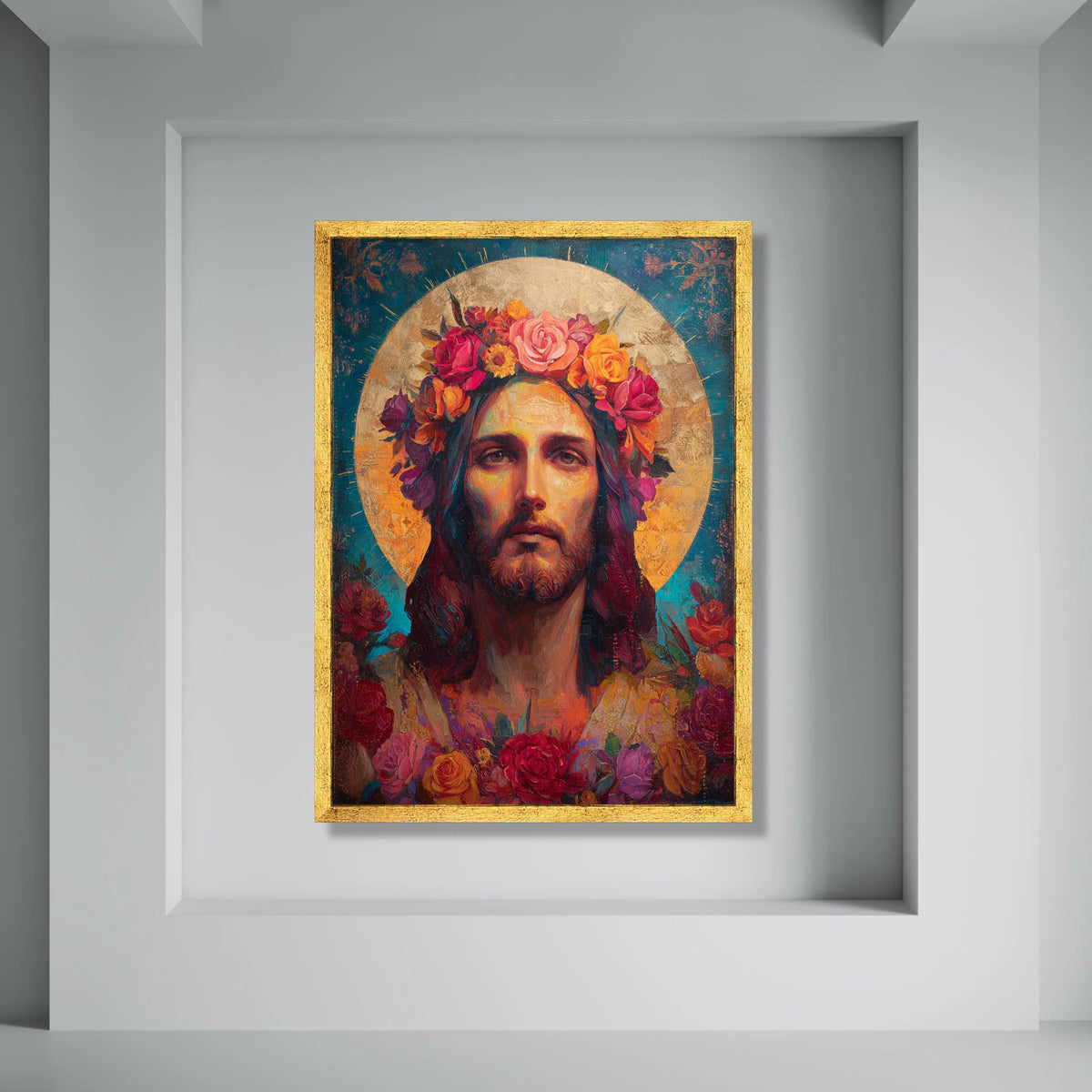 Sacred Portrait with Floral Crown Canvas, Divine Figure Wall Art, Halo Art Print, Spiritual Home Decoration, Colorful Flower Art Print Art