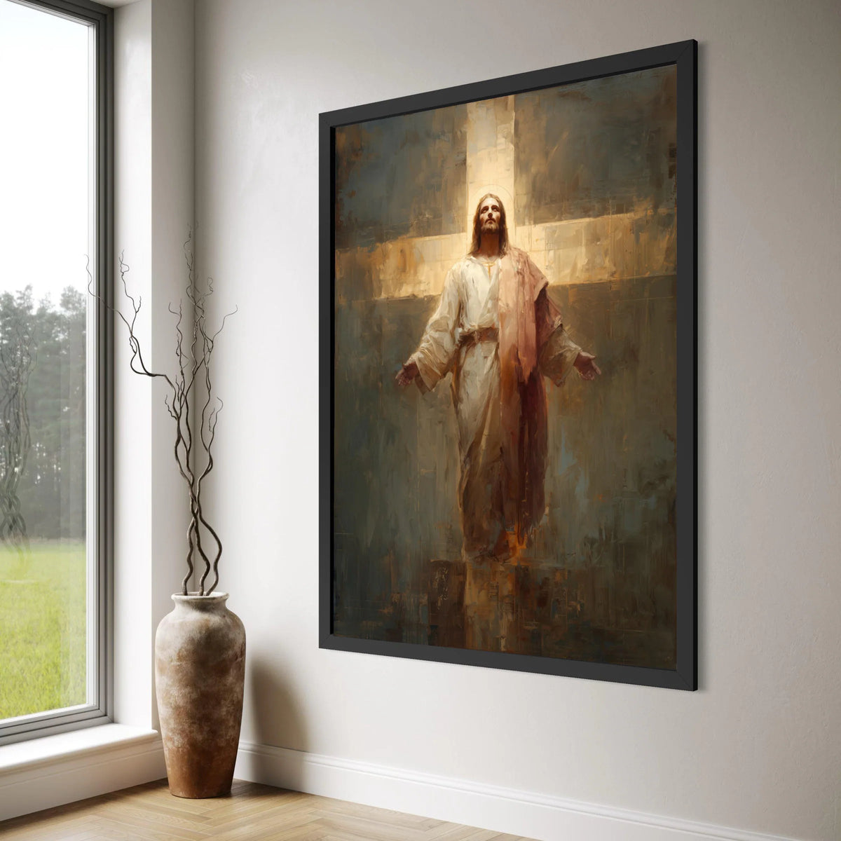 Radiant Christ Figure Canvas Wall Art, Spiritual Religious Decor, Illuminated Cross Painting, Inspirational Christian Canvas, Print Art