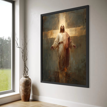 Radiant Christ Figure Canvas Wall Art, Spiritual Religious Decor, Illuminated Cross Painting, Inspirational Christian Canvas, Print Art