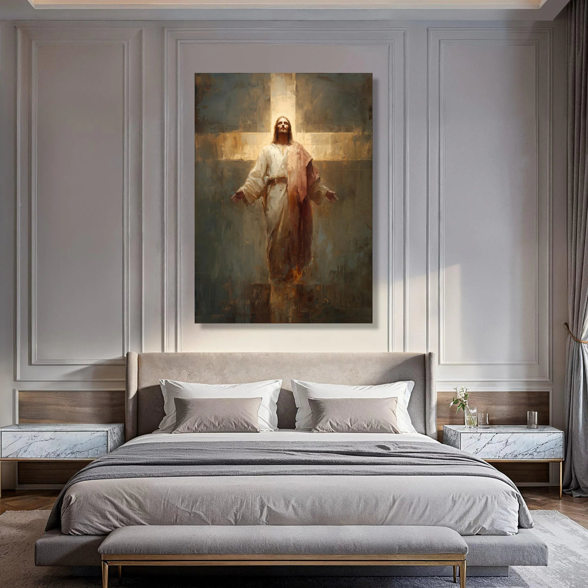 Radiant Christ Figure Canvas Wall Art, Spiritual Religious Decor, Illuminated Cross Painting, Inspirational Christian Canvas, Print Art