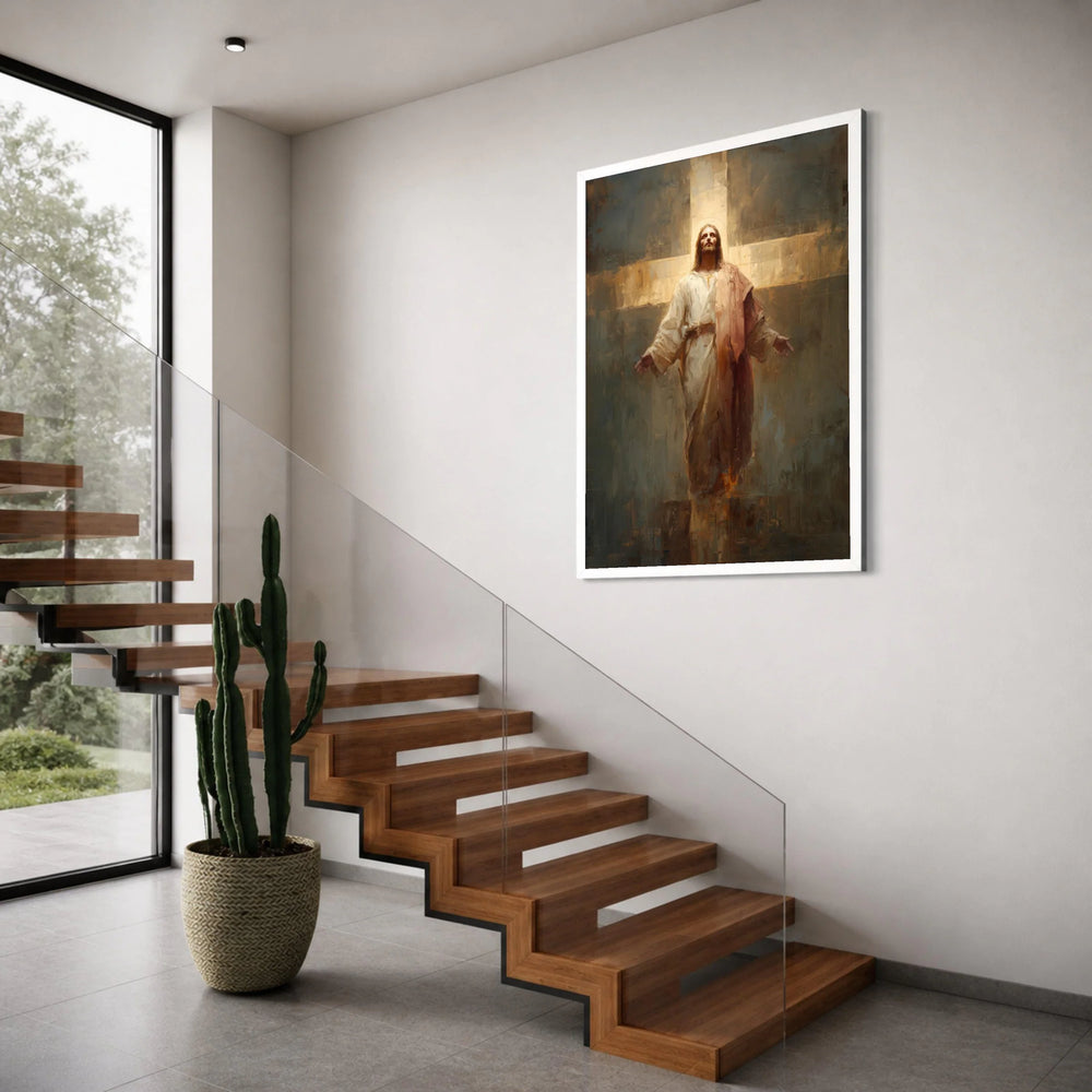 Radiant Christ Figure Canvas Wall Art, Spiritual Religious Decor, Illuminated Cross Painting, Inspirational Christian Canvas, Print Art