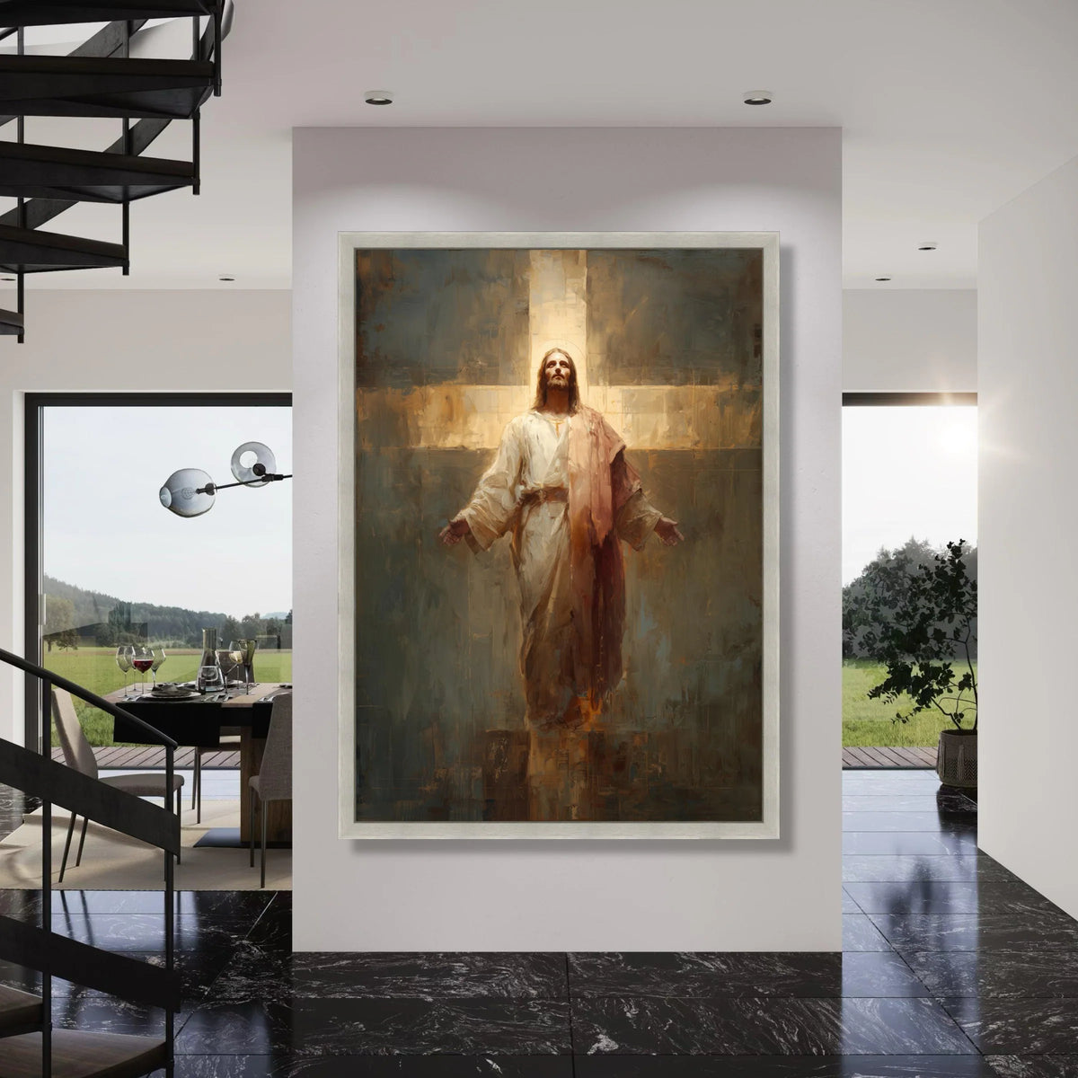 Radiant Christ Figure Canvas Wall Art, Spiritual Religious Decor, Illuminated Cross Painting, Inspirational Christian Canvas, Print Art
