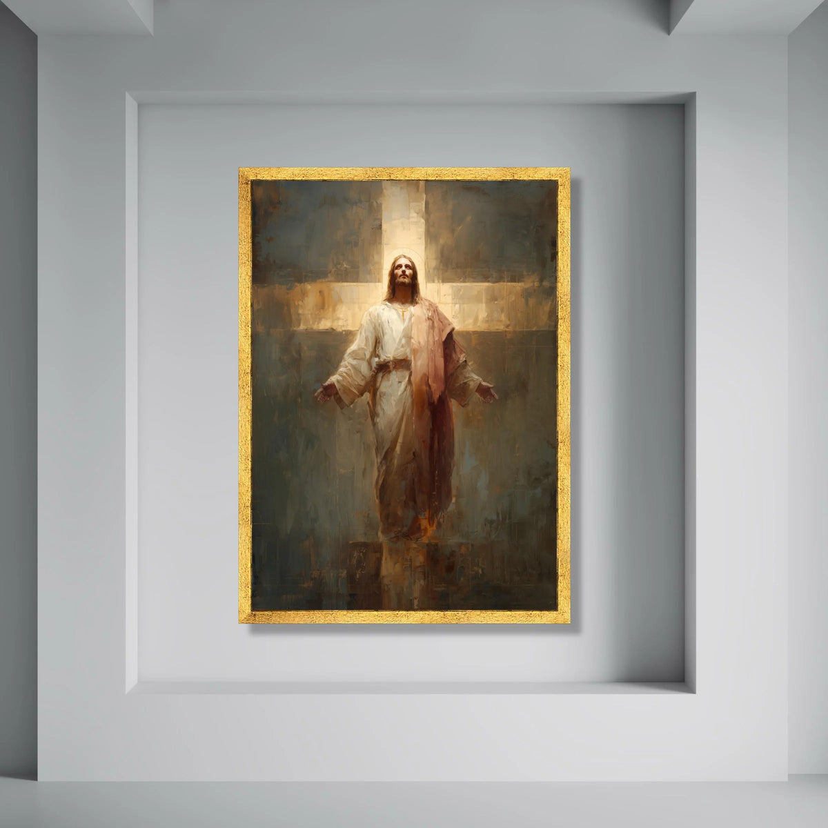 Radiant Christ Figure Canvas Wall Art, Spiritual Religious Decor, Illuminated Cross Painting, Inspirational Christian Canvas, Print Art