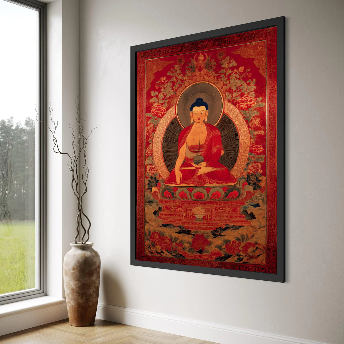 Tibetan Buddha Meditation, Spiritual Canvas Wall Art, Buddhist Decor, Red and Gold Artwork, Asian Religious Painting, Sacred Home Print Art