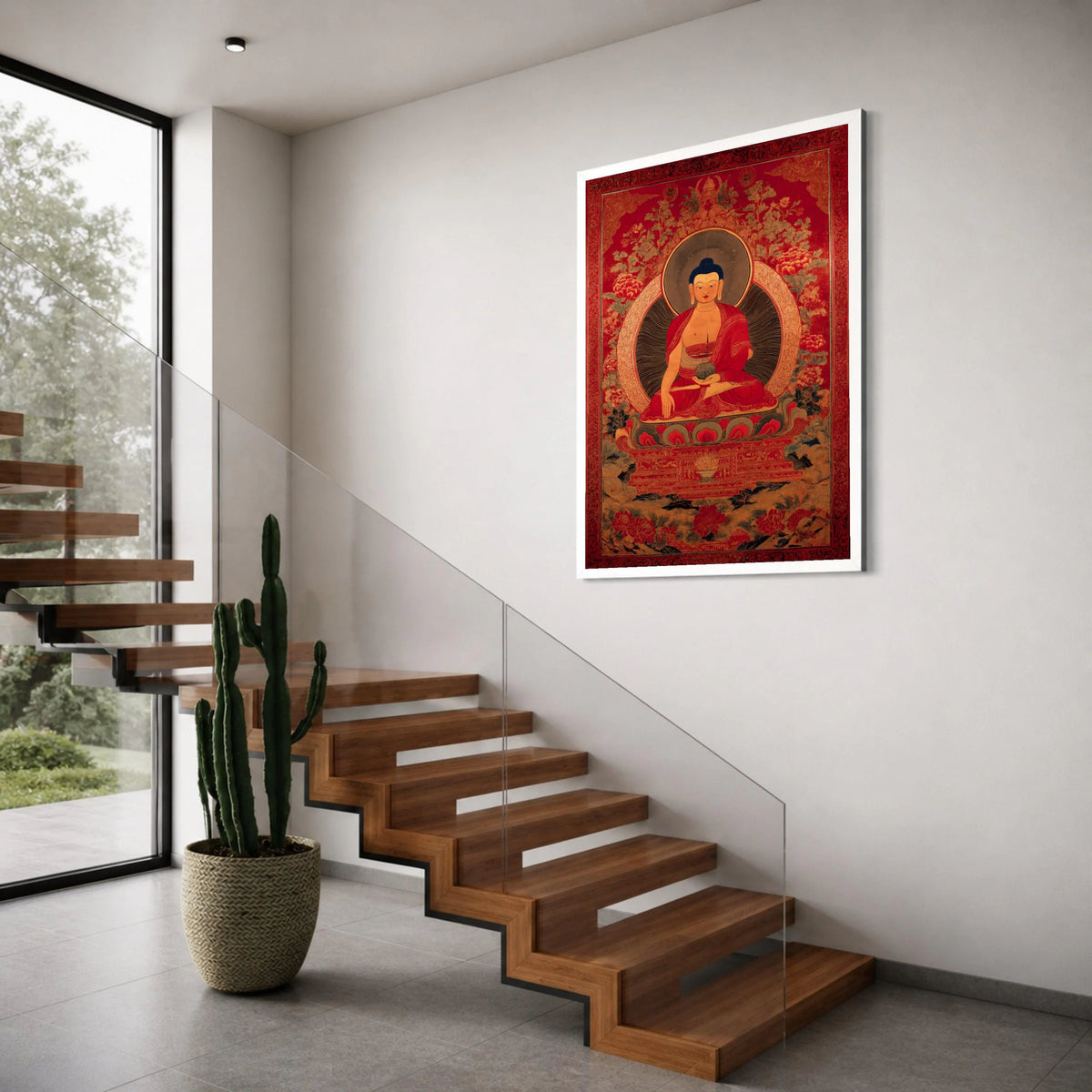 Tibetan Buddha Meditation, Spiritual Canvas Wall Art, Buddhist Decor, Red and Gold Artwork, Asian Religious Painting, Sacred Home Print Art