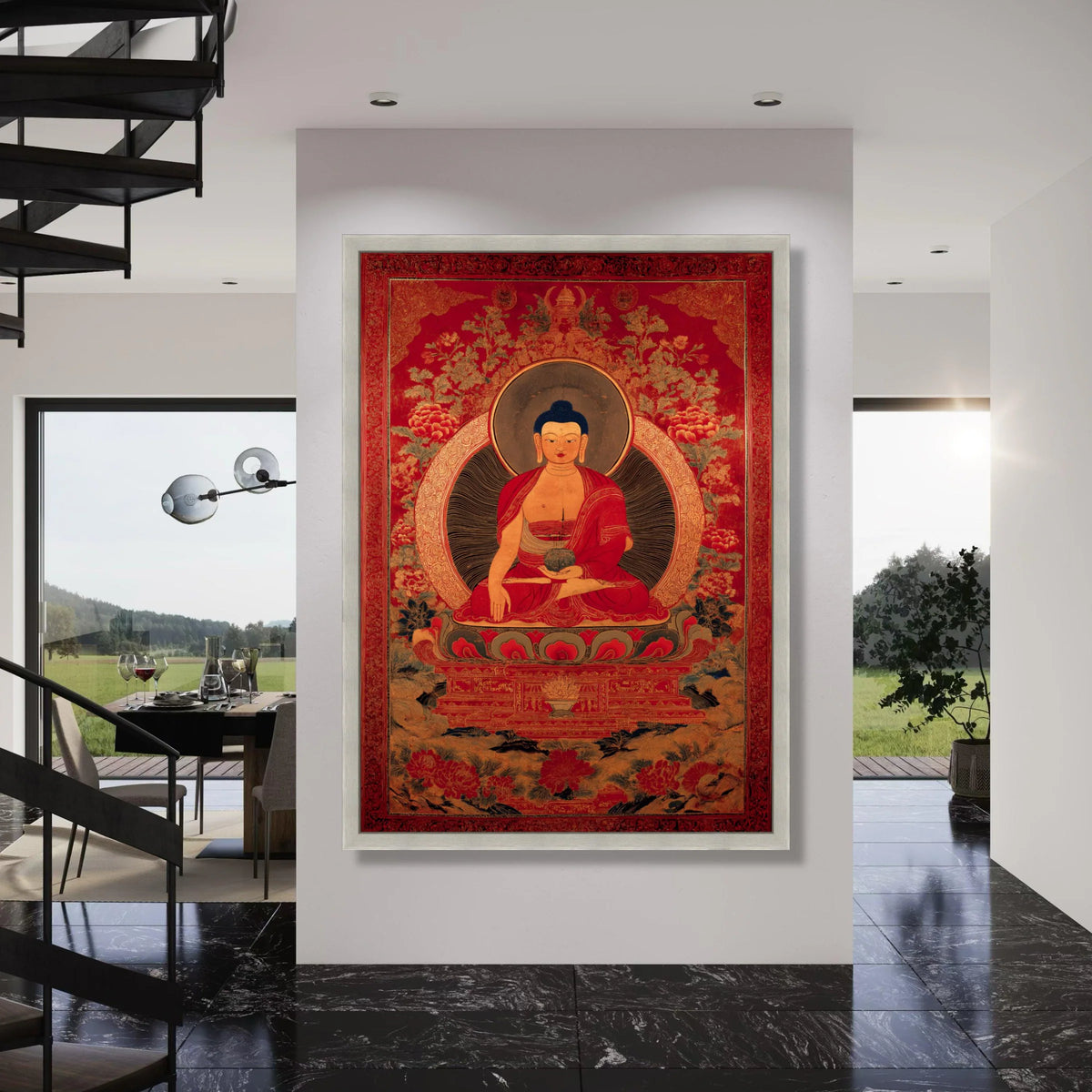 Tibetan Buddha Meditation, Spiritual Canvas Wall Art, Buddhist Decor, Red and Gold Artwork, Asian Religious Painting, Sacred Home Print Art