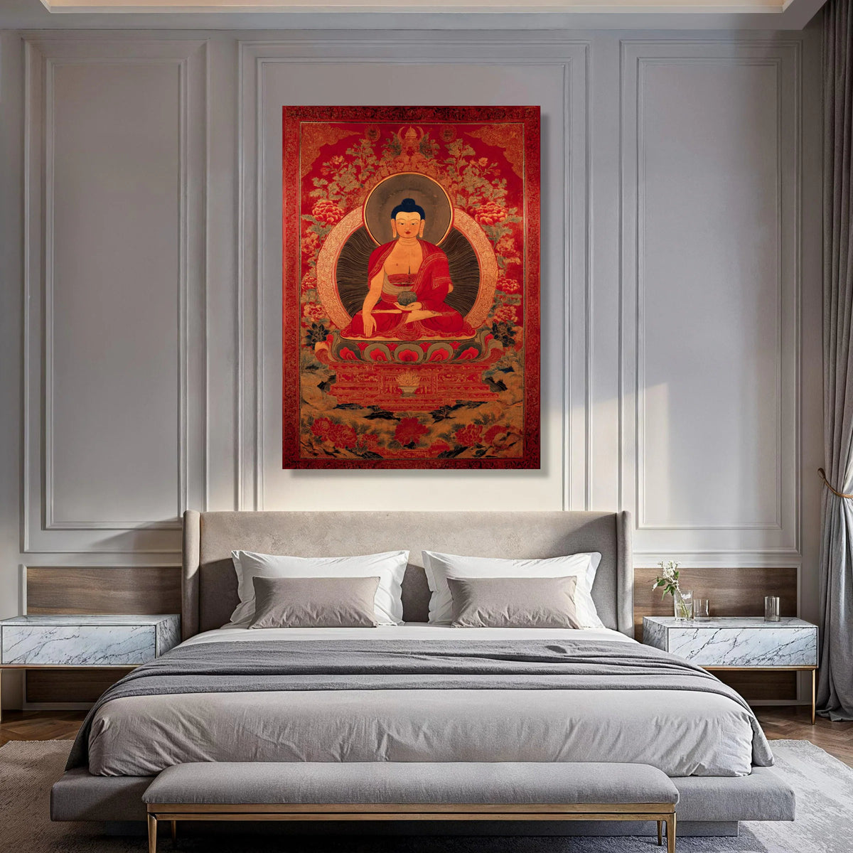 Tibetan Buddha Meditation, Spiritual Canvas Wall Art, Buddhist Decor, Red and Gold Artwork, Asian Religious Painting, Sacred Home Print Art