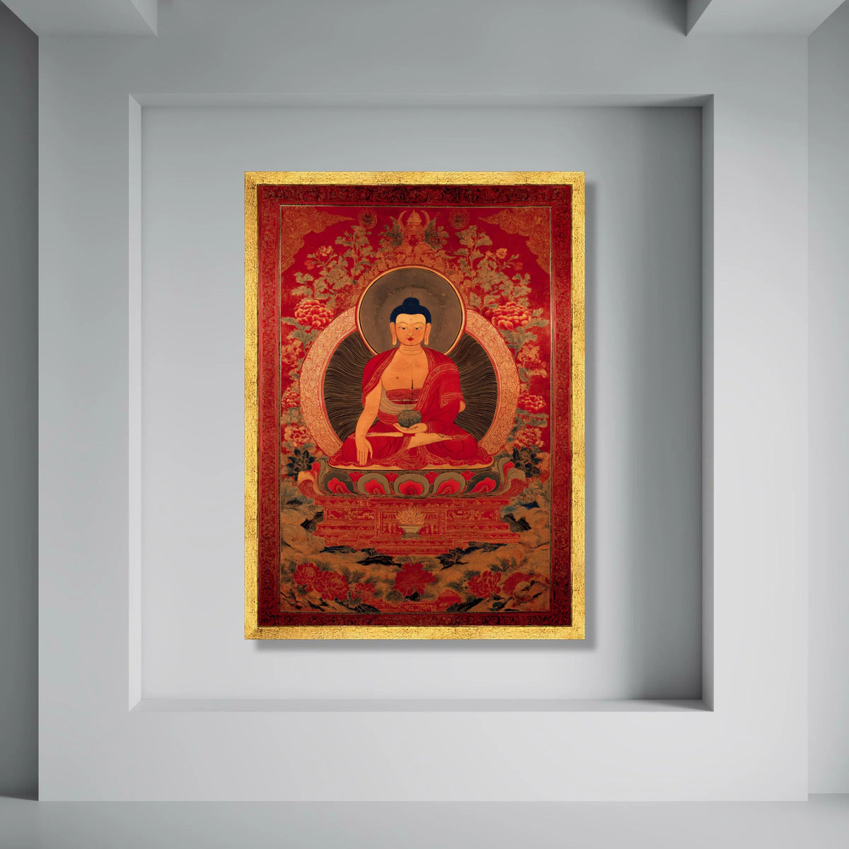 Tibetan Buddha Meditation, Spiritual Canvas Wall Art, Buddhist Decor, Red and Gold Artwork, Asian Religious Painting, Sacred Home Print Art