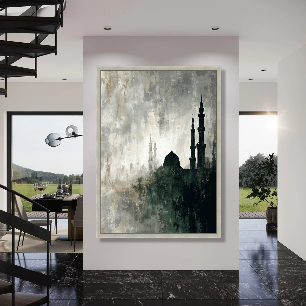 Mystical Mosque Silhouette Canvas, Abstract Islamic Architecture Wall Art, Spiritual Home Decor, Atmospheric Cityscape Painting on Print Art