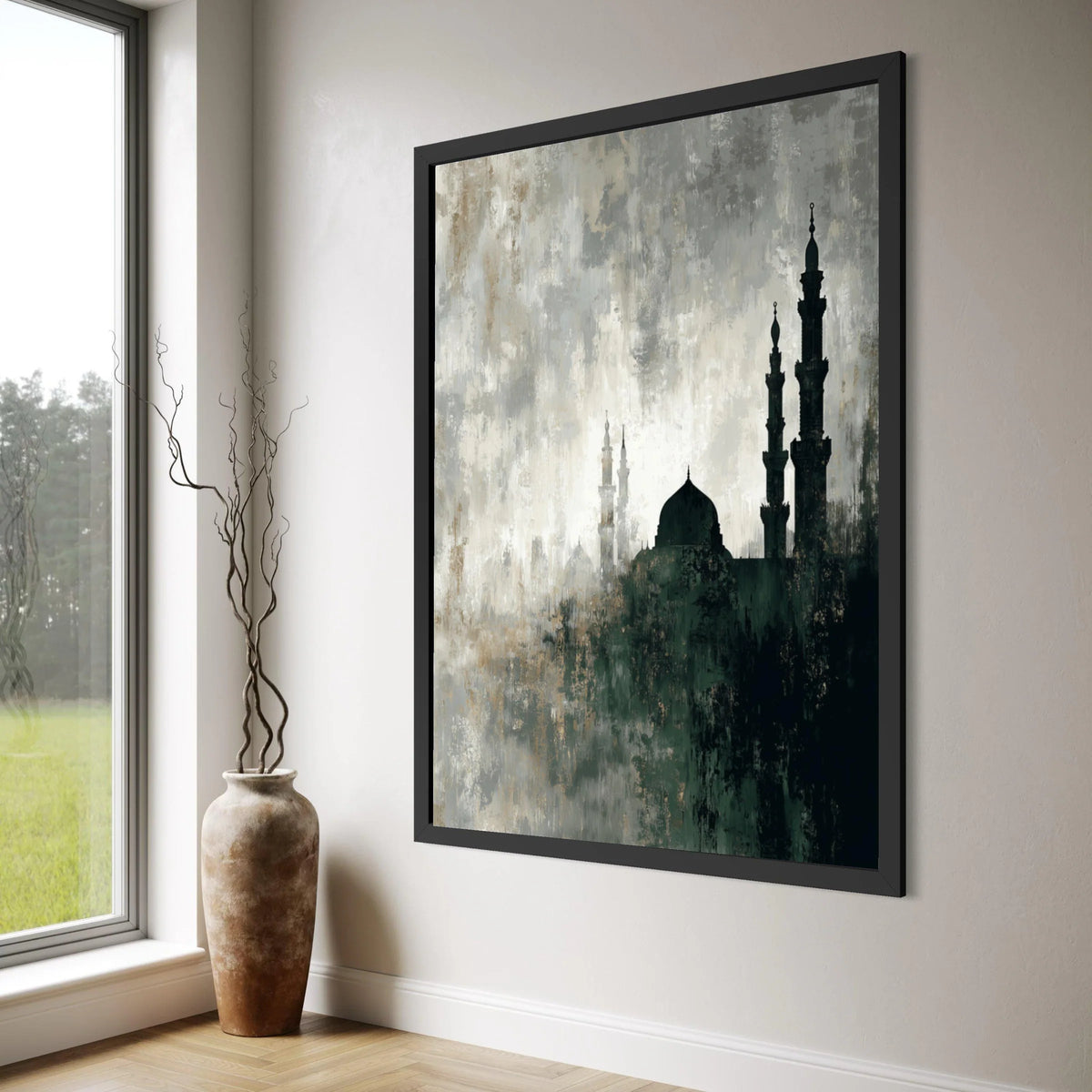 Mystical Mosque Silhouette Canvas, Abstract Islamic Architecture Wall Art, Spiritual Home Decor, Atmospheric Cityscape Painting on Print Art