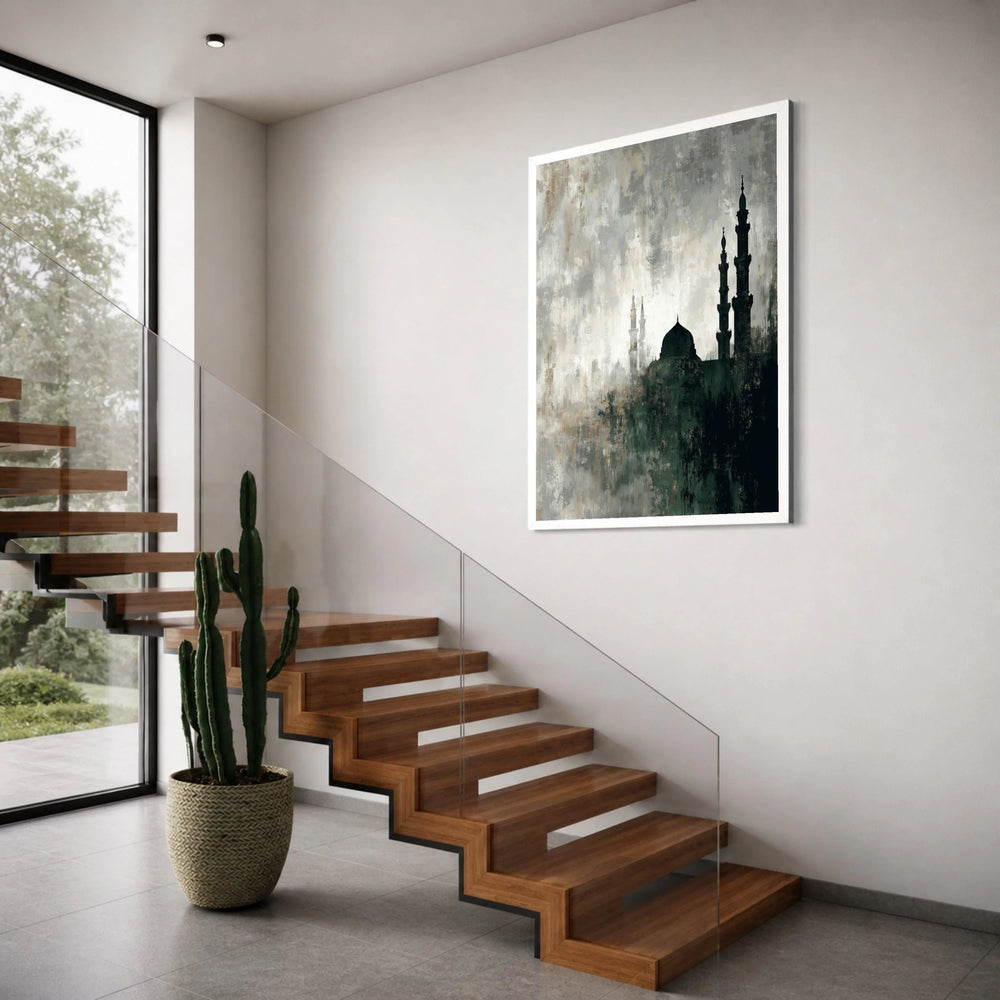 Mystical Mosque Silhouette Canvas, Abstract Islamic Architecture Wall Art, Spiritual Home Decor, Atmospheric Cityscape Painting on Print Art