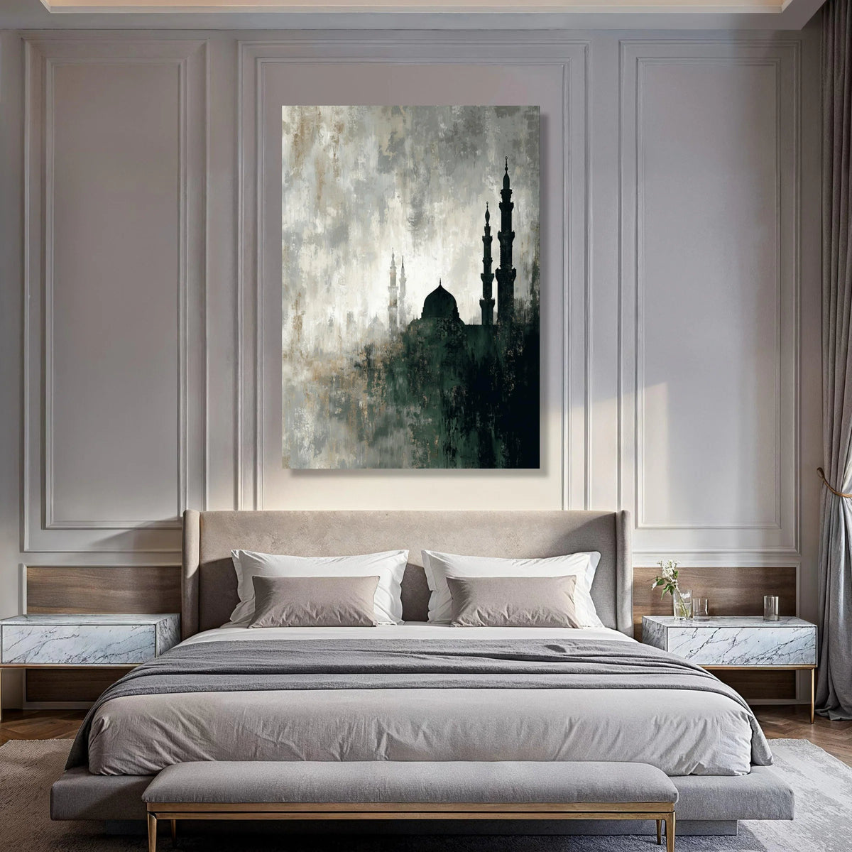 Mystical Mosque Silhouette Canvas, Abstract Islamic Architecture Wall Art, Spiritual Home Decor, Atmospheric Cityscape Painting on Print Art
