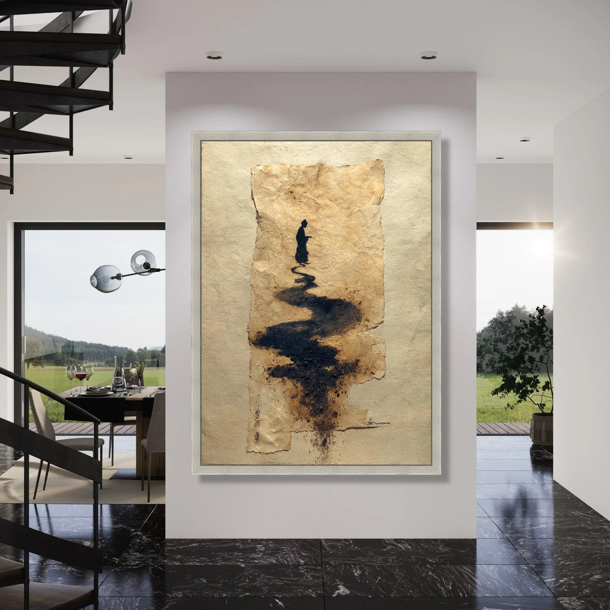 Abstract Ink Path Canvas Wall Art, Minimalist Silhouette Painting, Asian Home Decor, Modern Zen Art Print, Ready to Hang Canvas Print Art