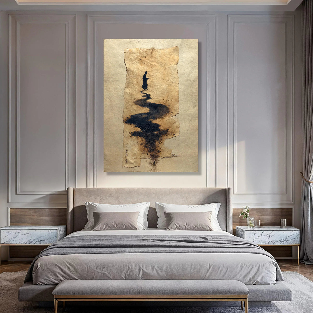 Abstract Ink Path Canvas Wall Art, Minimalist Silhouette Painting, Asian Home Decor, Modern Zen Art Print, Ready to Hang Canvas Print Art