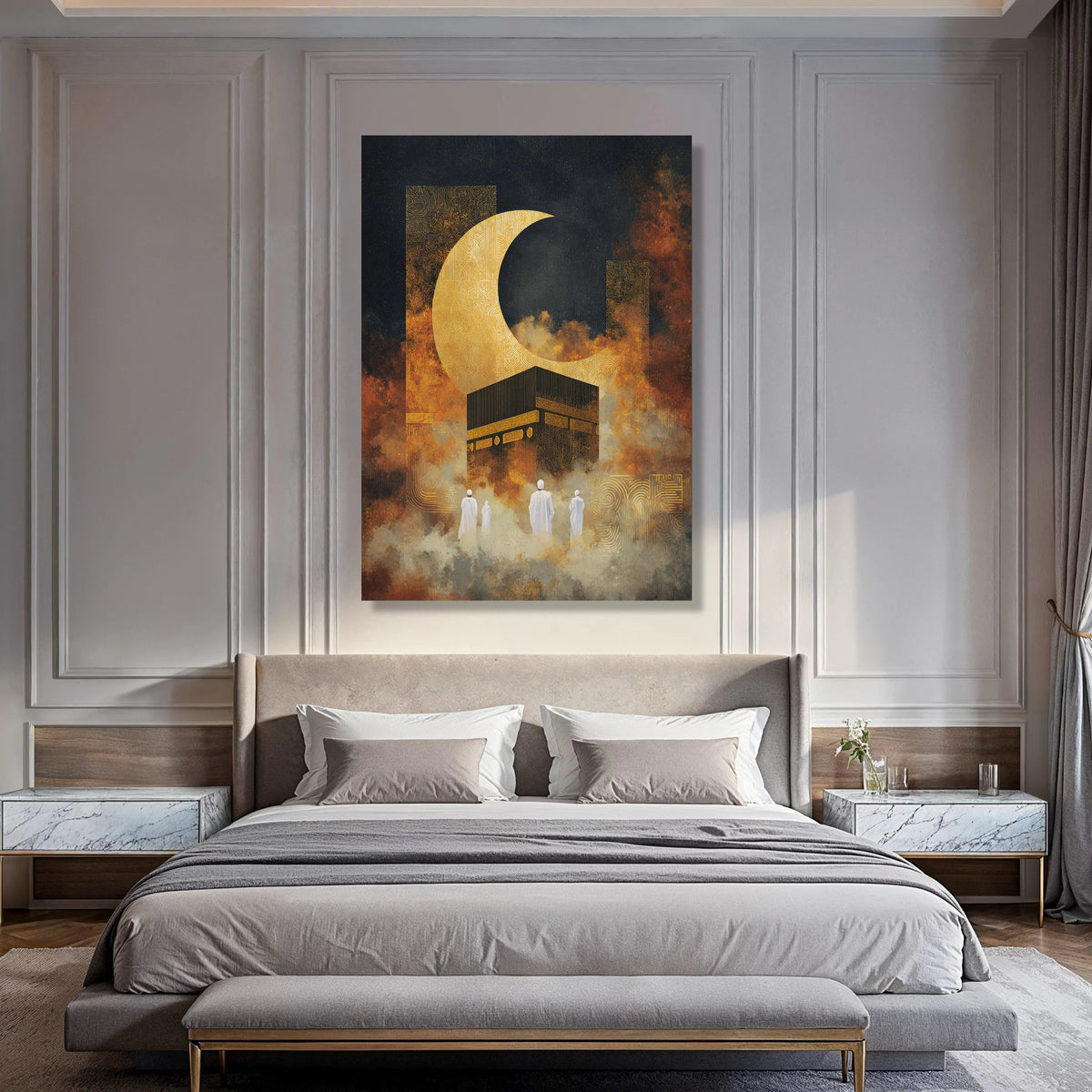 Islamic Pilgrimage Scene Canvas, Kaaba and Golden Crescent Moon, Spiritual Wall Art, Religious Home Decor, Mystical Night Print Art