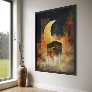 Islamic Pilgrimage Scene Canvas, Kaaba and Golden Crescent Moon, Spiritual Wall Art, Religious Home Decor, Mystical Night Print Art