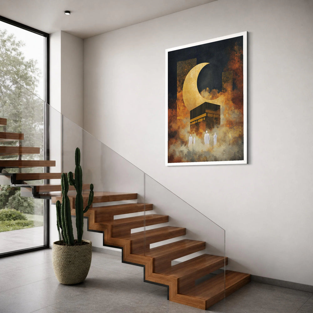 Islamic Pilgrimage Scene Canvas, Kaaba and Golden Crescent Moon, Spiritual Wall Art, Religious Home Decor, Mystical Night Print Art