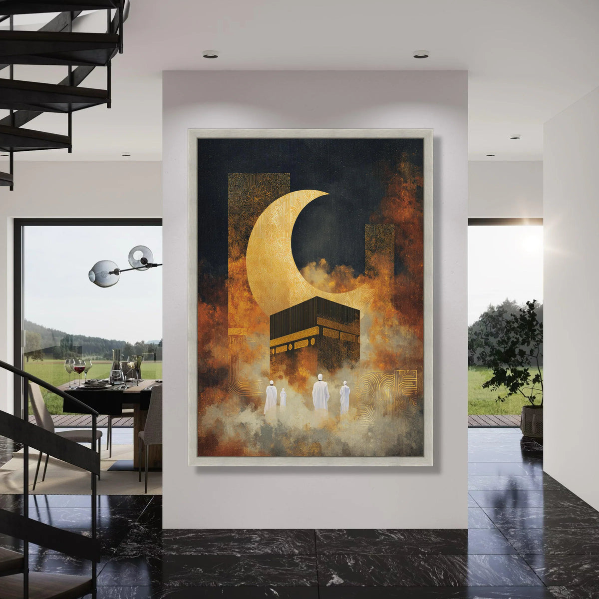 Islamic Pilgrimage Scene Canvas, Kaaba and Golden Crescent Moon, Spiritual Wall Art, Religious Home Decor, Mystical Night Print Art