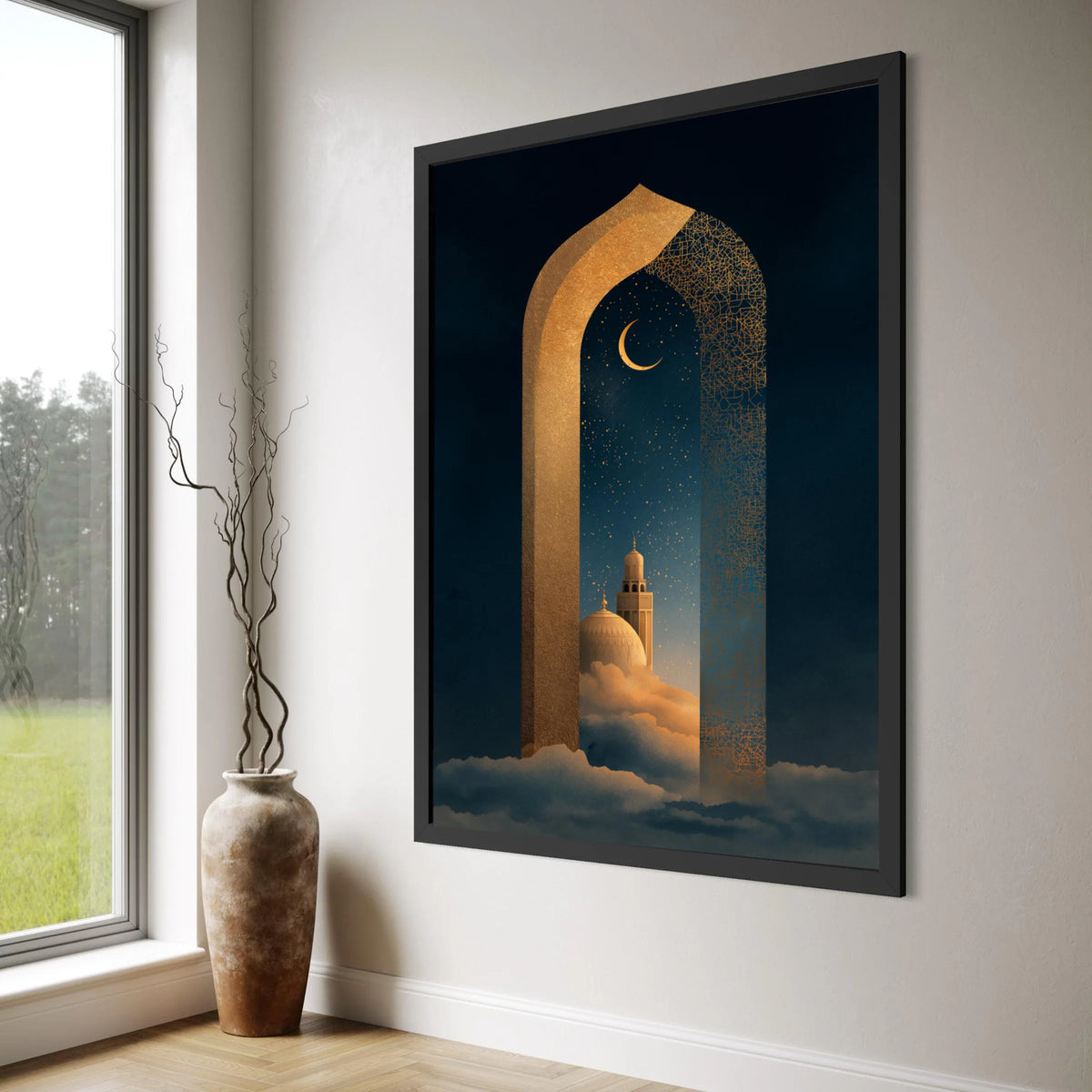 Crescent Moon Night Sky Canvas, Islamic Architecture Wall Art, Mystical Mosque Design, Gold Archway Canvas, Spiritual Home Print Art