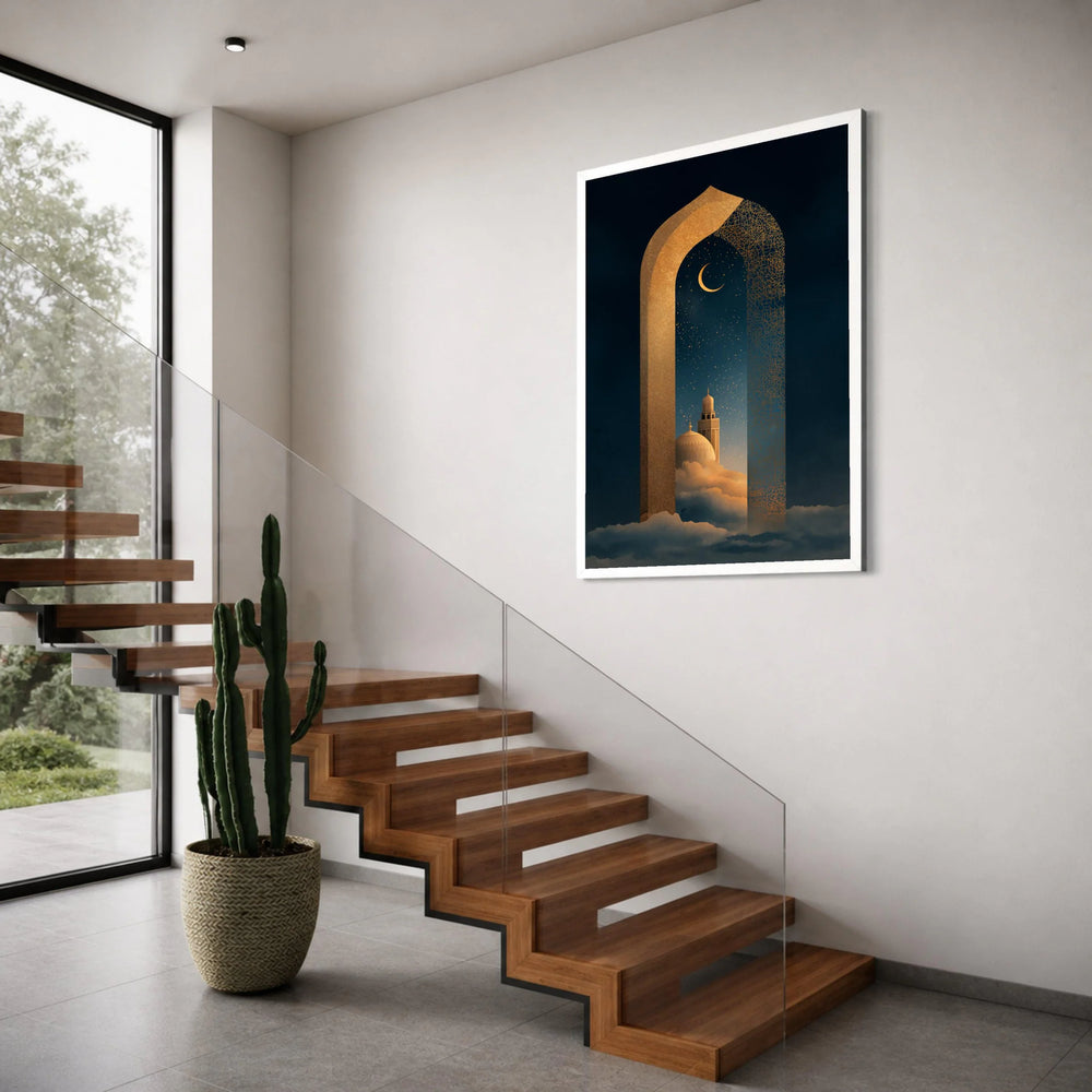 Crescent Moon Night Sky Canvas, Islamic Architecture Wall Art, Mystical Mosque Design, Gold Archway Canvas, Spiritual Home Print Art