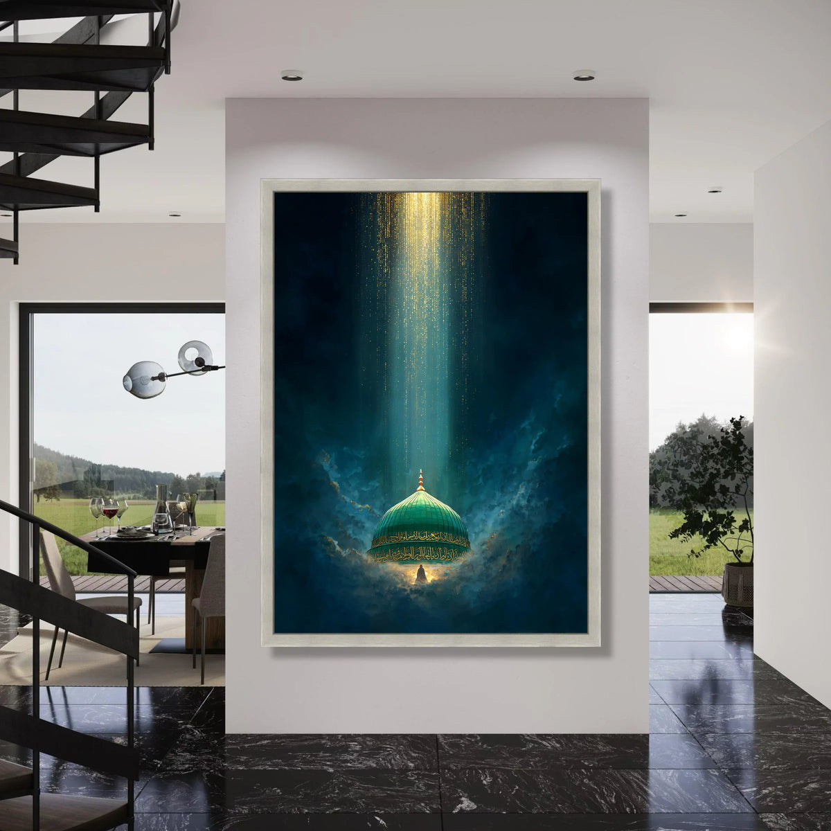 Mystical Green Dome Canvas Wall Art, Spiritual Islamic Calligraphy Design, Illuminated Religious Canvas, Divine Light Home Print Art