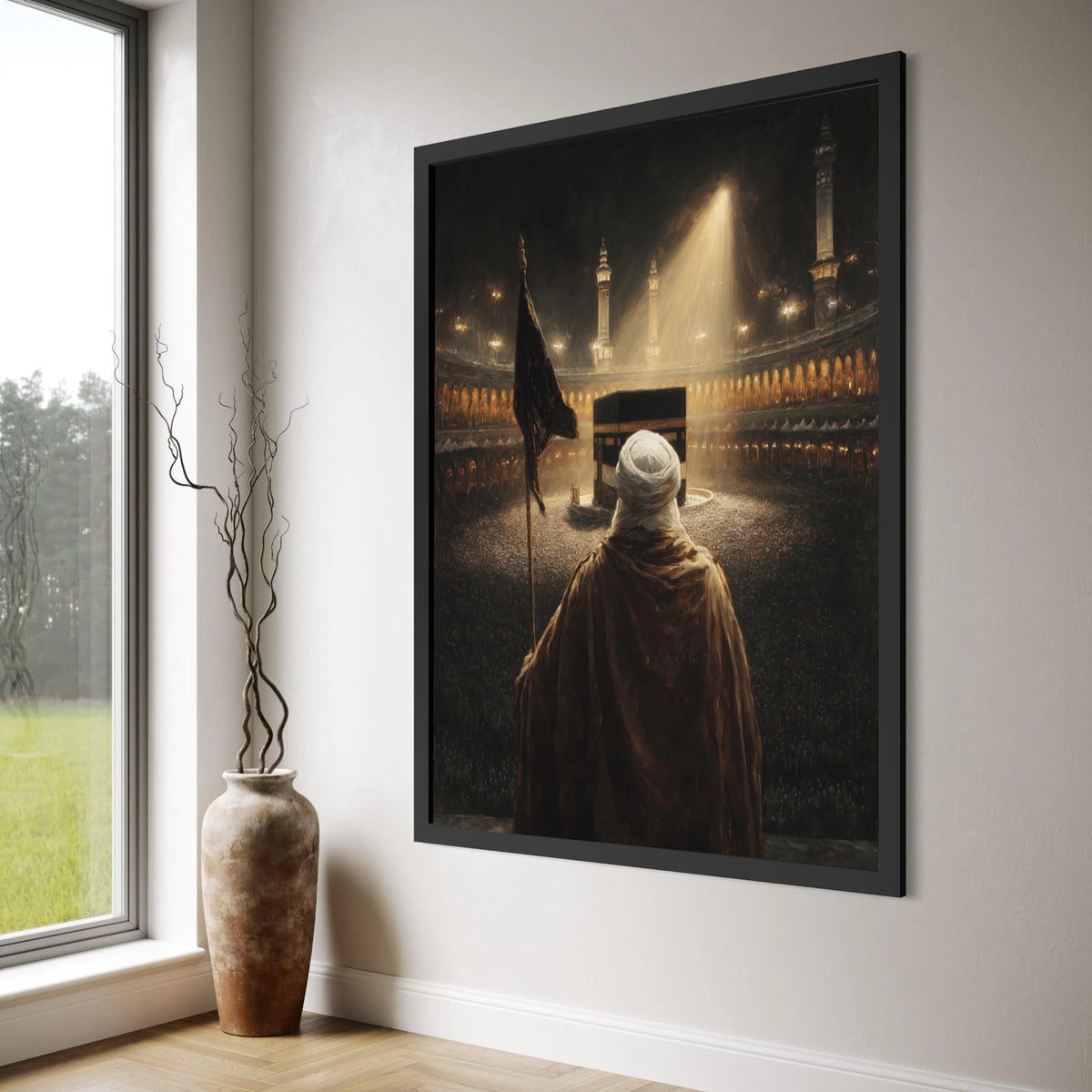 Spiritual Pilgrim at Kaaba, Mecca Sacred Mosque Canvas, Islamic Worship Scene Wall Art, Religious Home Decor, Nighttime Mosque Print Art