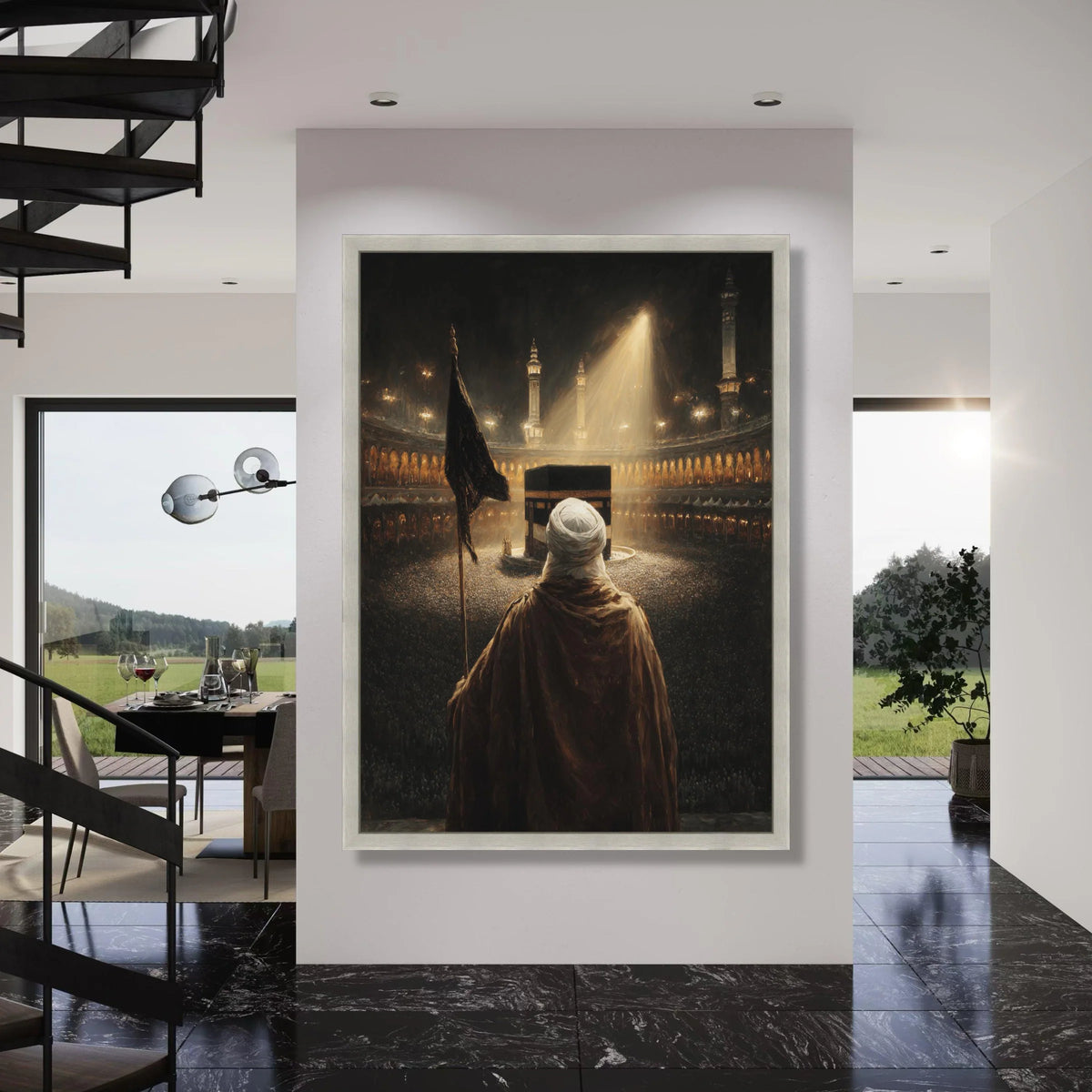 Spiritual Pilgrim at Kaaba, Mecca Sacred Mosque Canvas, Islamic Worship Scene Wall Art, Religious Home Decor, Nighttime Mosque Print Art