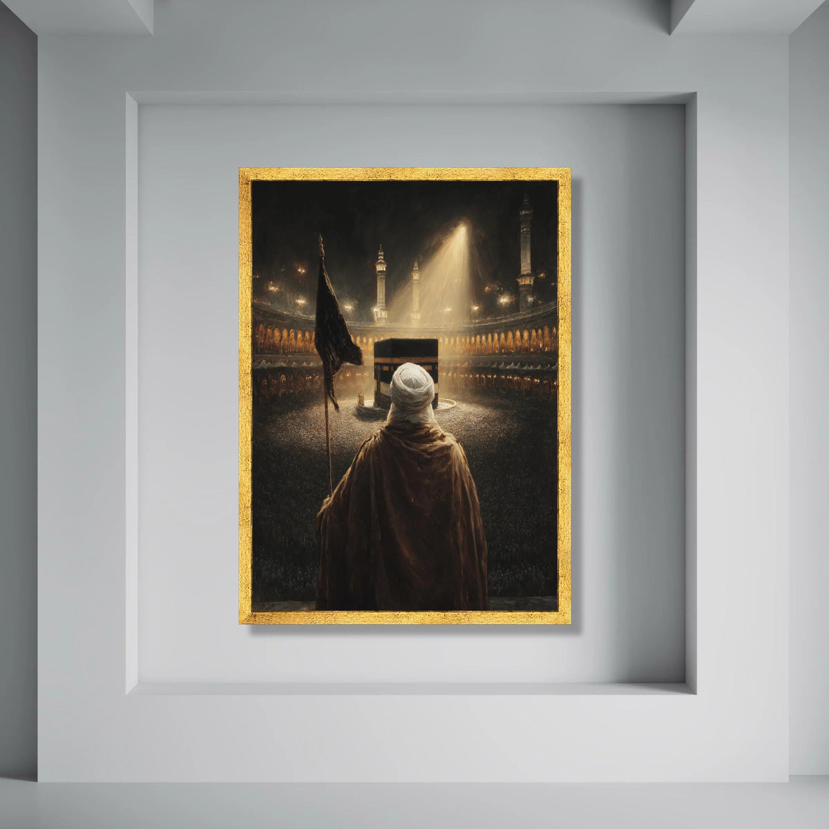 Spiritual Pilgrim at Kaaba, Mecca Sacred Mosque Canvas, Islamic Worship Scene Wall Art, Religious Home Decor, Nighttime Mosque Print Art