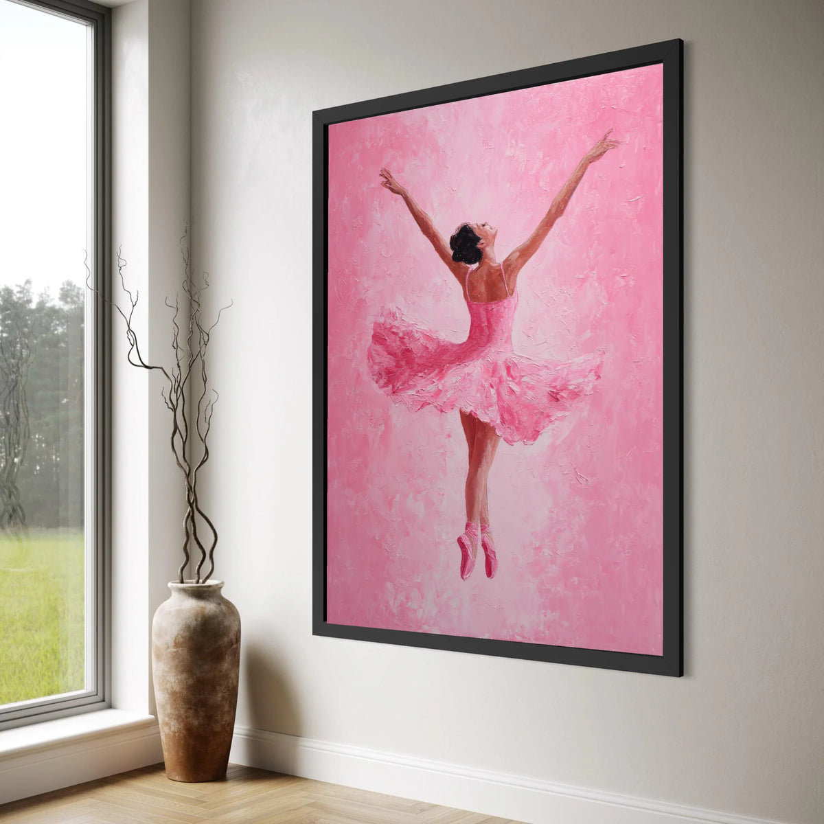 Graceful Ballerina Pink Dress Canvas, Ballet Dance Art, Elegant Dancer Wall Decor, Feminine Movement Canvas, Home Dance Room Print Art