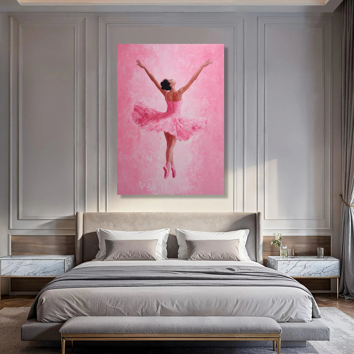 Graceful Ballerina Pink Dress Canvas, Ballet Dance Art, Elegant Dancer Wall Decor, Feminine Movement Canvas, Home Dance Room Print Art