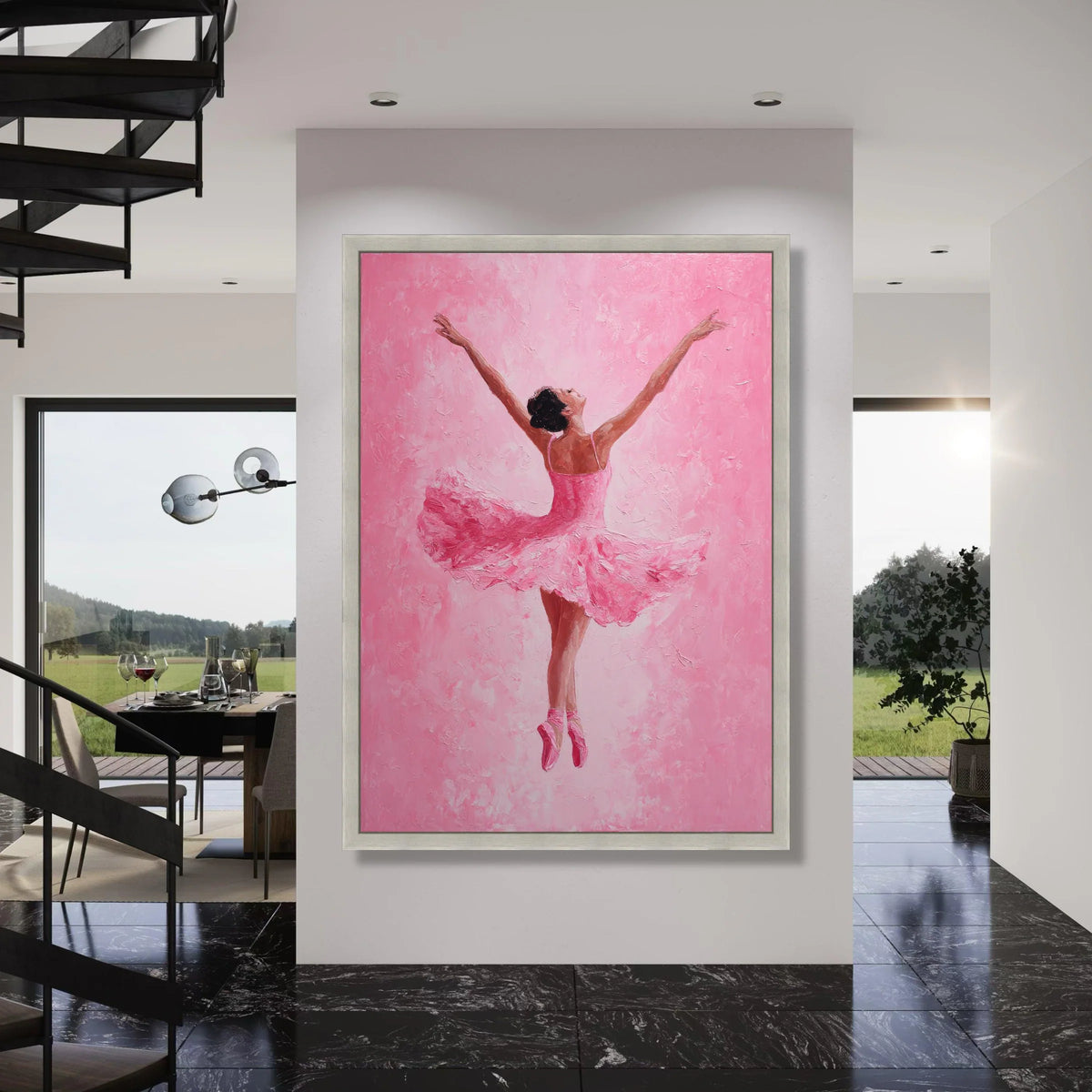 Graceful Ballerina Pink Dress Canvas, Ballet Dance Art, Elegant Dancer Wall Decor, Feminine Movement Canvas, Home Dance Room Print Art