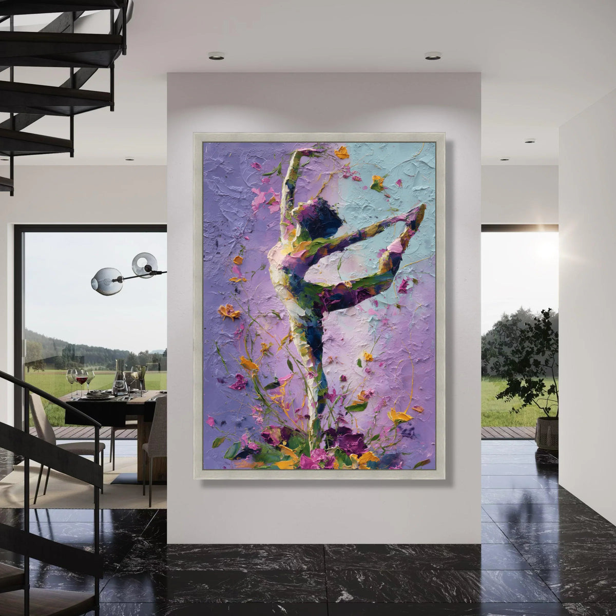 Graceful Ballet Dancer Canvas Wall Art, Floral Dance Silhouette, Purple and Blue Abstract Home Decor, Elegant Movement Canvas Print Art