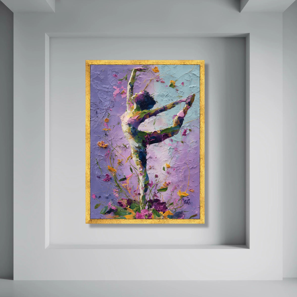 Graceful Ballet Dancer Canvas Wall Art, Floral Dance Silhouette, Purple and Blue Abstract Home Decor, Elegant Movement Canvas Print Art