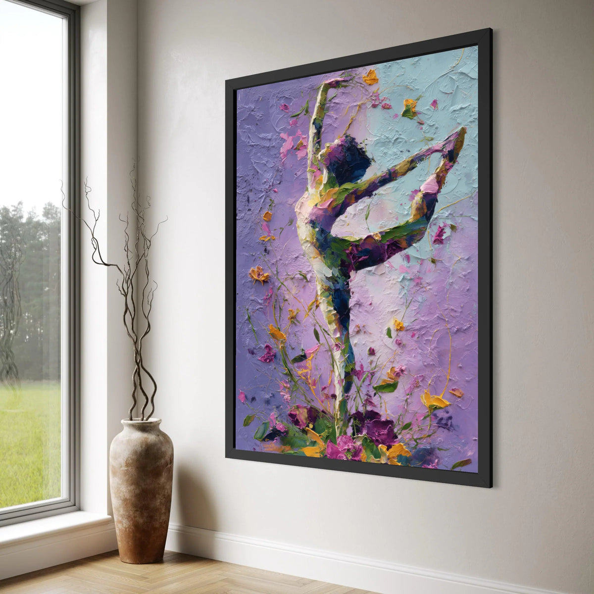 Graceful Ballet Dancer Canvas Wall Art, Floral Dance Silhouette, Purple and Blue Abstract Home Decor, Elegant Movement Canvas Print Art