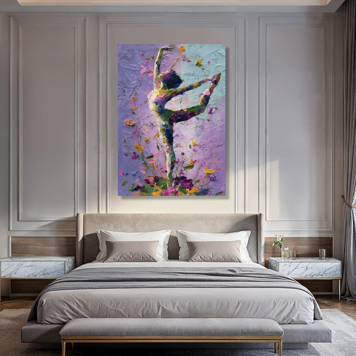Graceful Ballet Dancer Canvas Wall Art, Floral Dance Silhouette, Purple and Blue Abstract Home Decor, Elegant Movement Canvas Print Art