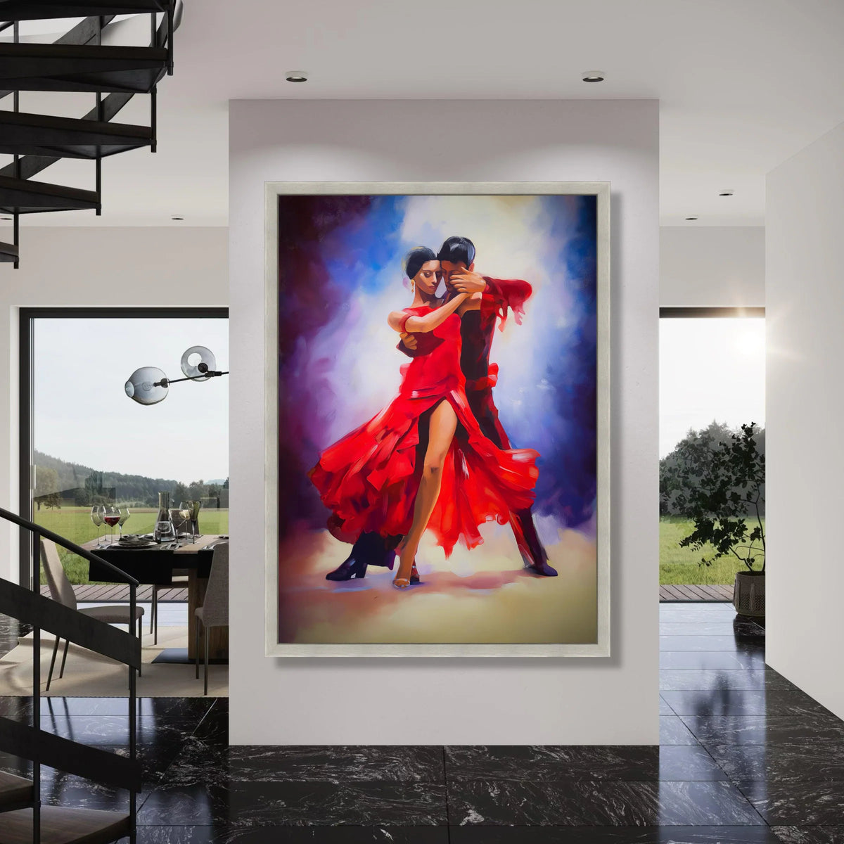 Passionate Tango Dance, Red Dress Couple Canvas, Romantic Dance Wall Art, Vibrant Ballroom Scene Canvas, Elegant Home Décor Print Art
