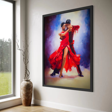 Passionate Tango Dance, Red Dress Couple Canvas, Romantic Dance Wall Art, Vibrant Ballroom Scene Canvas, Elegant Home Décor Print Art