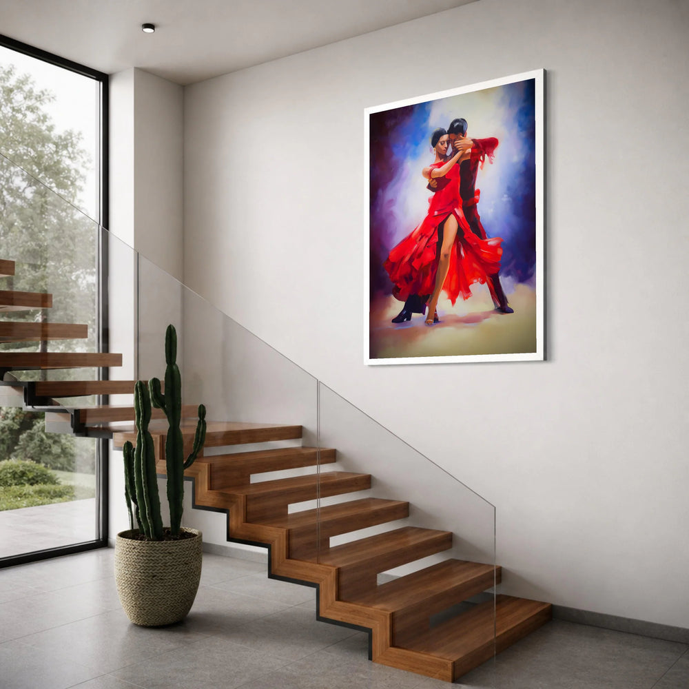 Passionate Tango Dance, Red Dress Couple Canvas, Romantic Dance Wall Art, Vibrant Ballroom Scene Canvas, Elegant Home Décor Print Art