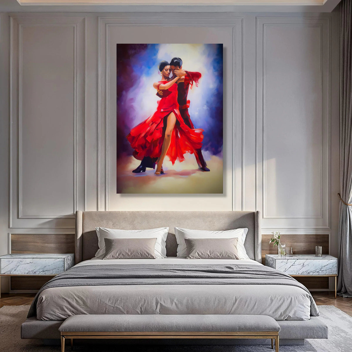 Passionate Tango Dance, Red Dress Couple Canvas, Romantic Dance Wall Art, Vibrant Ballroom Scene Canvas, Elegant Home Décor Print Art