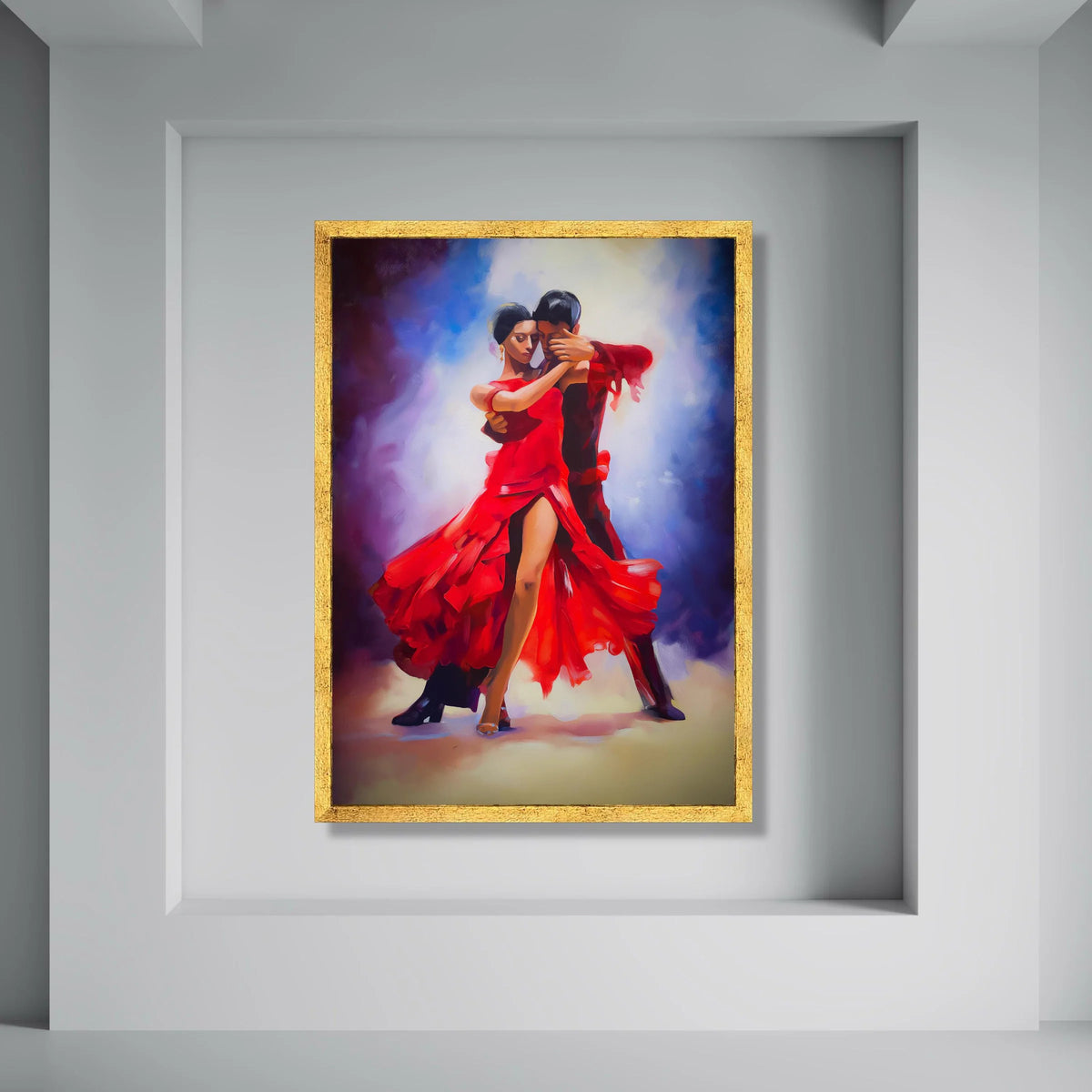 Passionate Tango Dance, Red Dress Couple Canvas, Romantic Dance Wall Art, Vibrant Ballroom Scene Canvas, Elegant Home Décor Print Art
