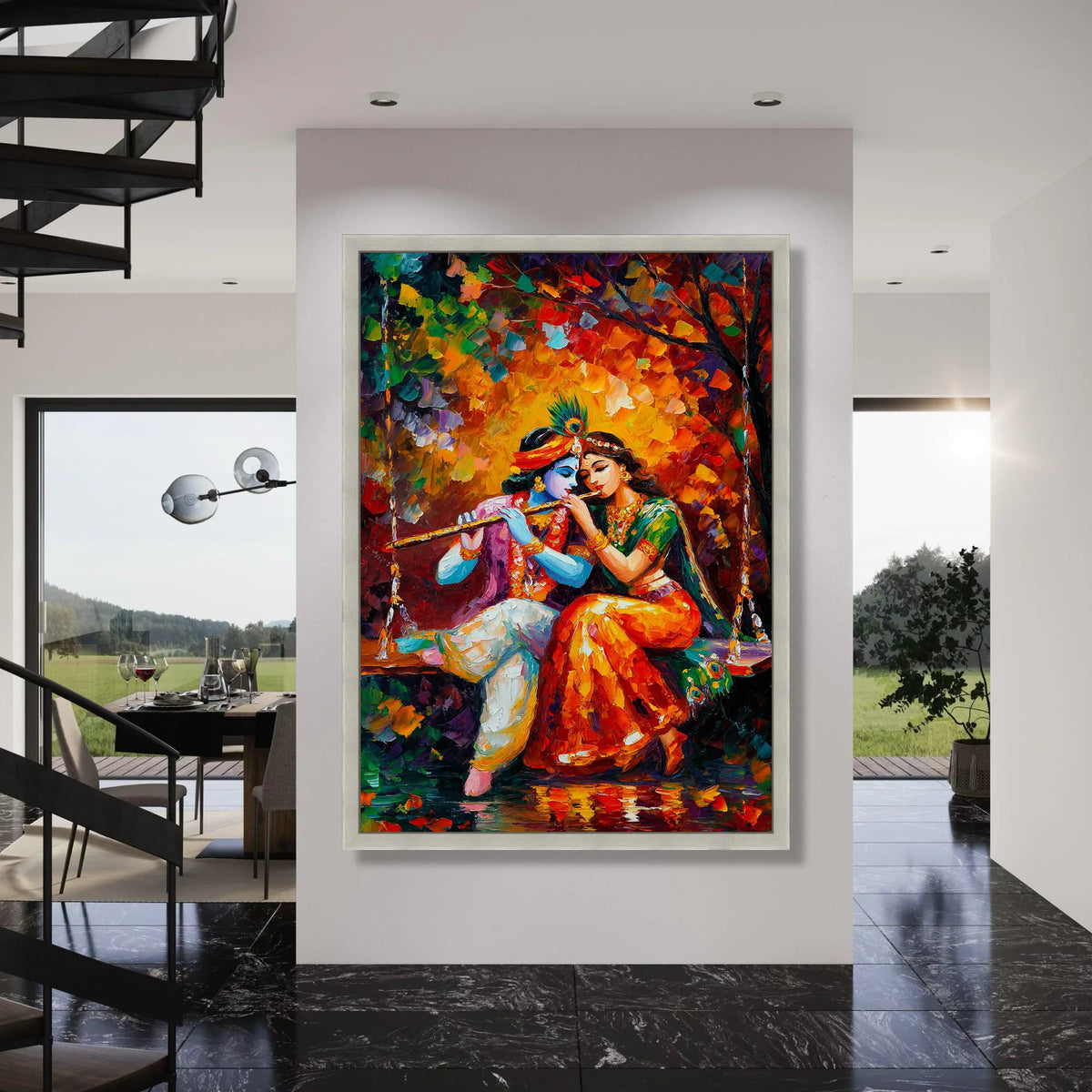 Colorful Radha Krishna Canvas Wall Art, Hindu Mythology Painting, Romantic Indian Couple Canvas, Traditional Spiritual Wall Decor Print Art