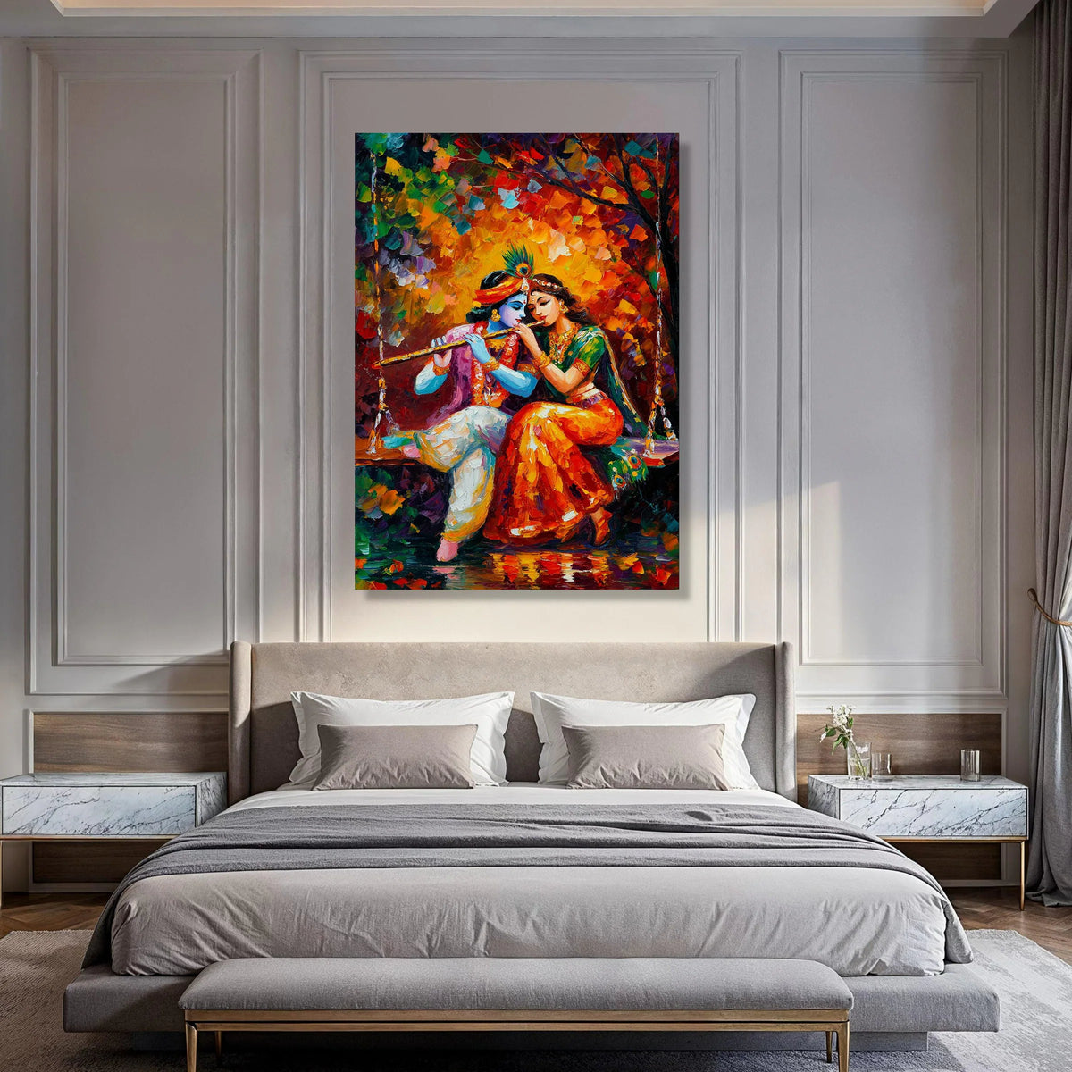Colorful Radha Krishna Canvas Wall Art, Hindu Mythology Painting, Romantic Indian Couple Canvas, Traditional Spiritual Wall Decor Print Art