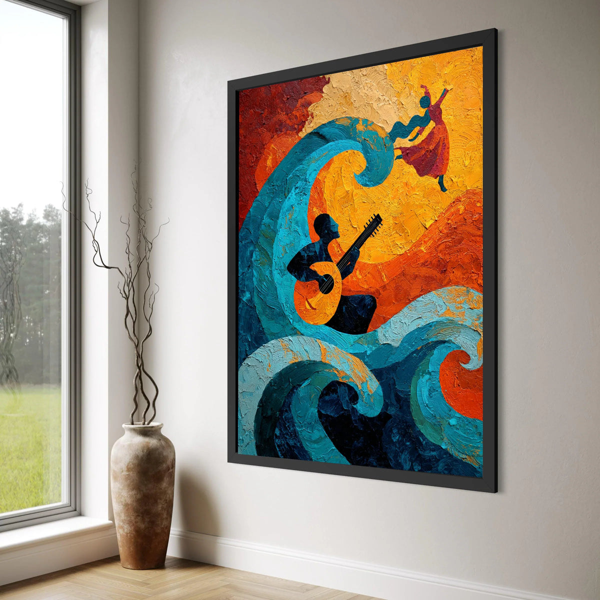 Vibrant Music and Dance Canvas, Abstract Guitar Player Wall Art, Colorful Wave Painting, Expressive Home Decor, Living Room Canvas Print Art