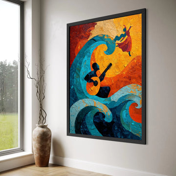 Vibrant Music and Dance Canvas, Abstract Guitar Player Wall Art, Colorful Wave Painting, Expressive Home Decor, Living Room Canvas Print Art