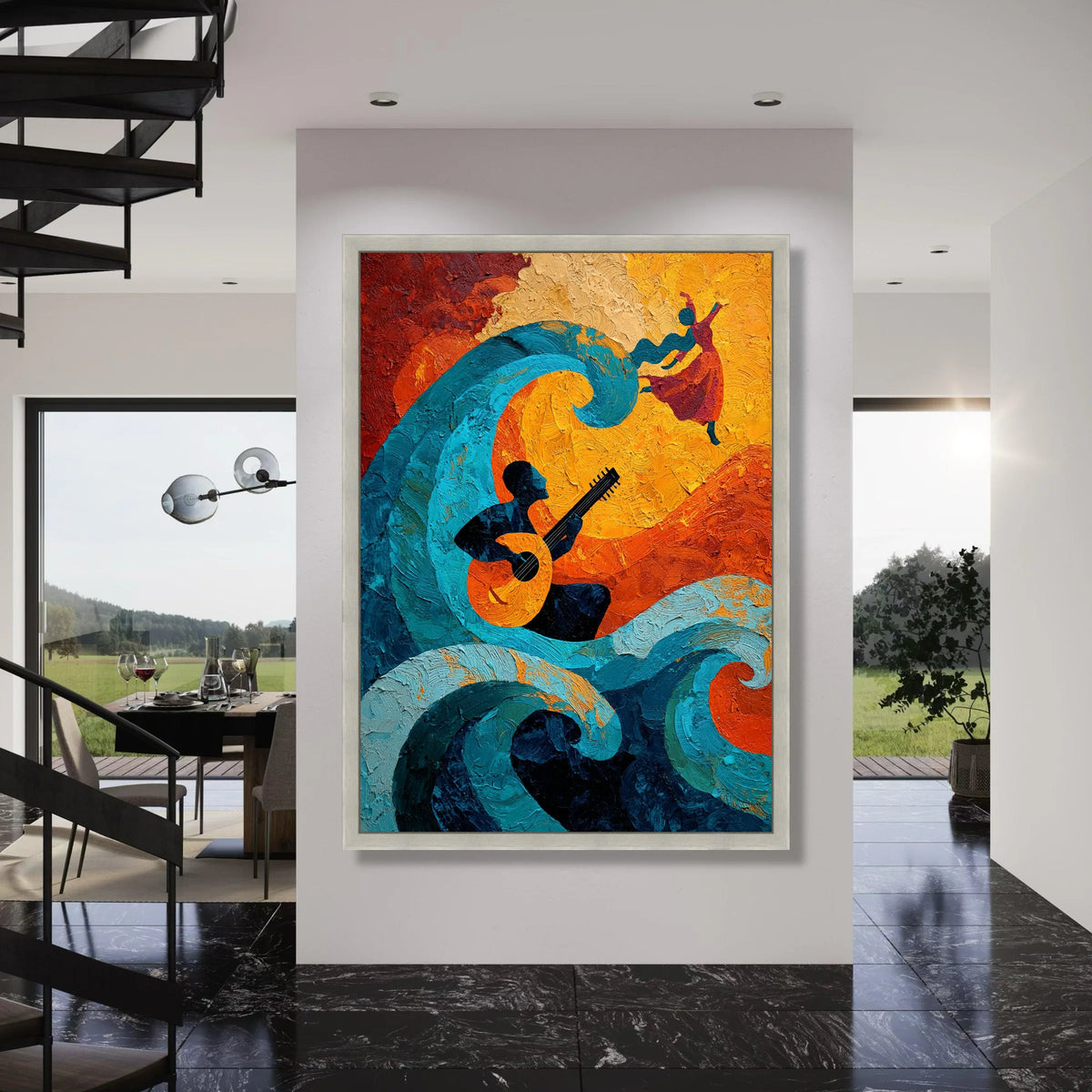 Vibrant Music and Dance Canvas, Abstract Guitar Player Wall Art, Colorful Wave Painting, Expressive Home Decor, Living Room Canvas Print Art