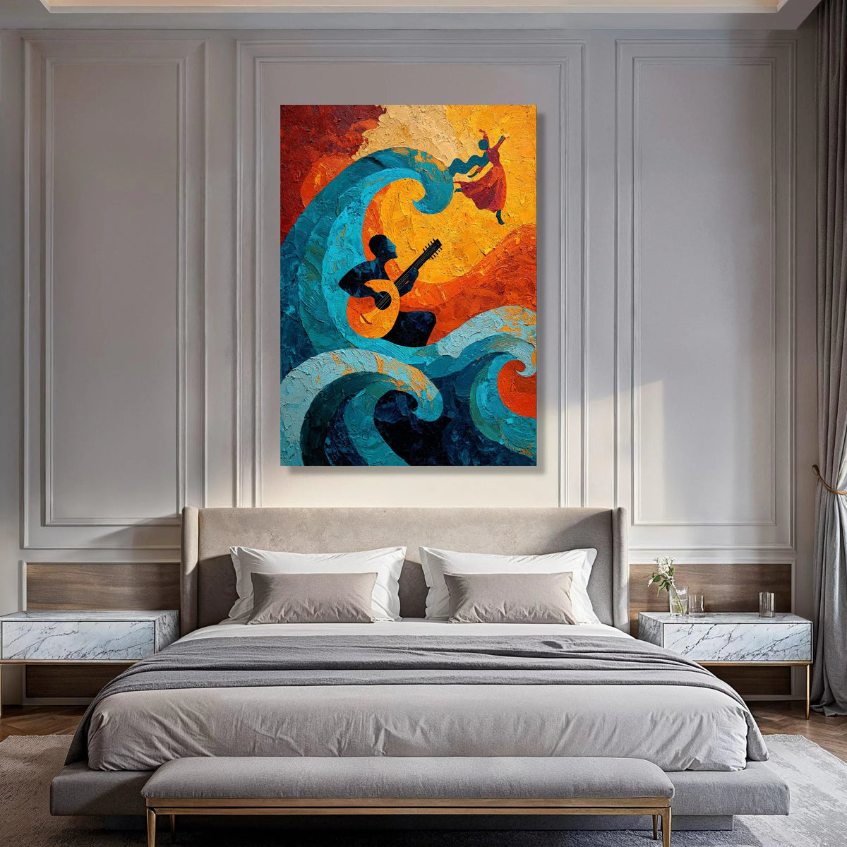 Vibrant Music and Dance Canvas, Abstract Guitar Player Wall Art, Colorful Wave Painting, Expressive Home Decor, Living Room Canvas Print Art