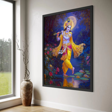 Krishna Playing Flute Canvas Wall Art, Spiritual Hindu God Canvas, Colorful Mythical Figure, Indian Culture Wall Decor, Ready to Print Art