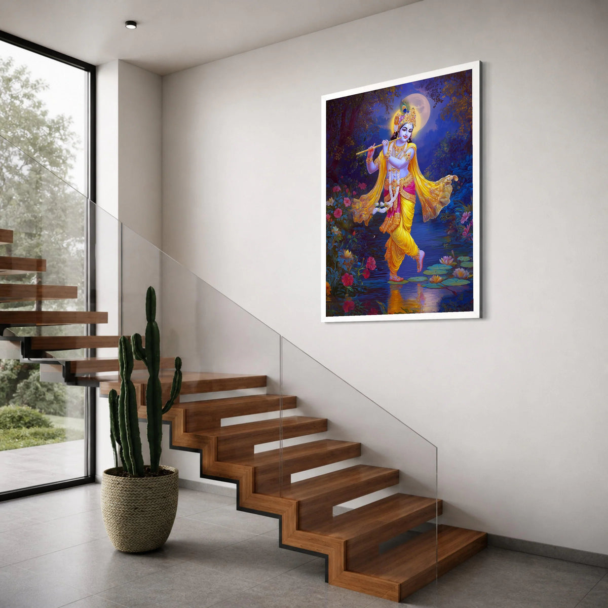 Krishna Playing Flute Canvas Wall Art, Spiritual Hindu God Canvas, Colorful Mythical Figure, Indian Culture Wall Decor, Ready to Print Art