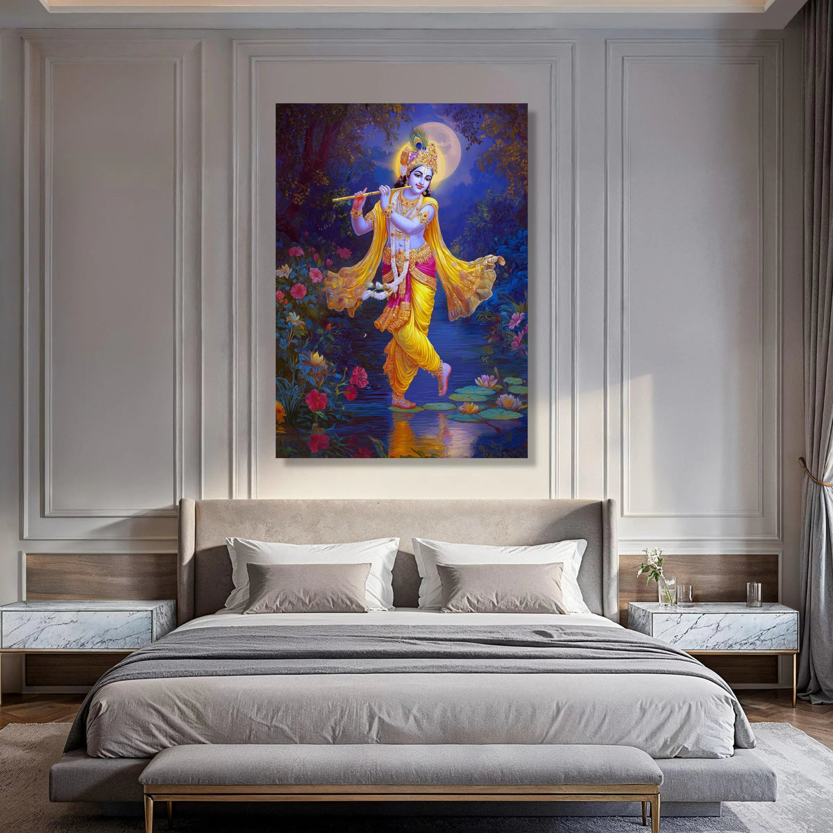 Krishna Playing Flute Canvas Wall Art, Spiritual Hindu God Canvas, Colorful Mythical Figure, Indian Culture Wall Decor, Ready to Print Art